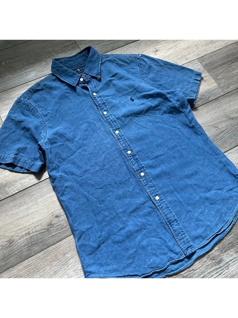 Polo Ralph Lauren Men's L Slim Fit Button Down Short Sleeve Cotton Shirt Blue